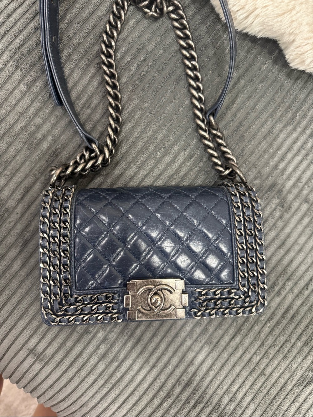 Small CHANEL le Boy Navy Quilted Boy Flap with Silver Hardware